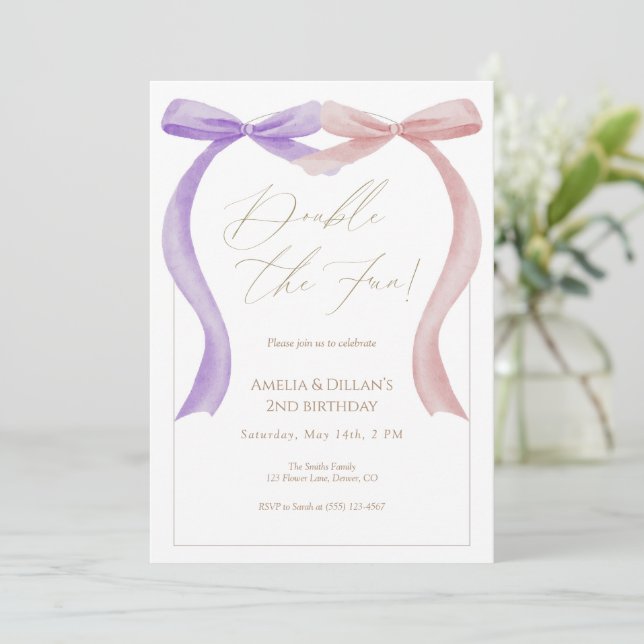 Pink purple bow Twin Birthday Invitation (Standing Front)