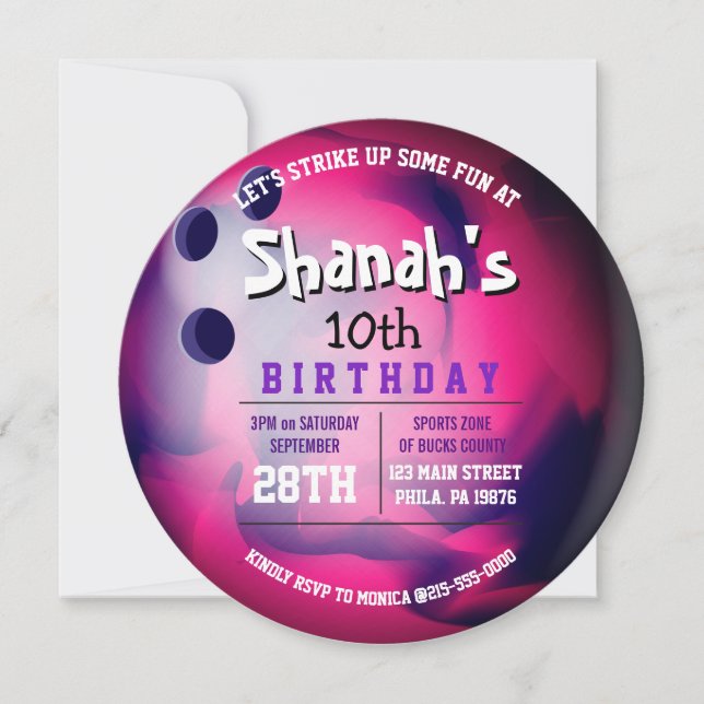 Pink Purple BOWLING BALL ROUND Birthday Party Invitation (Front)