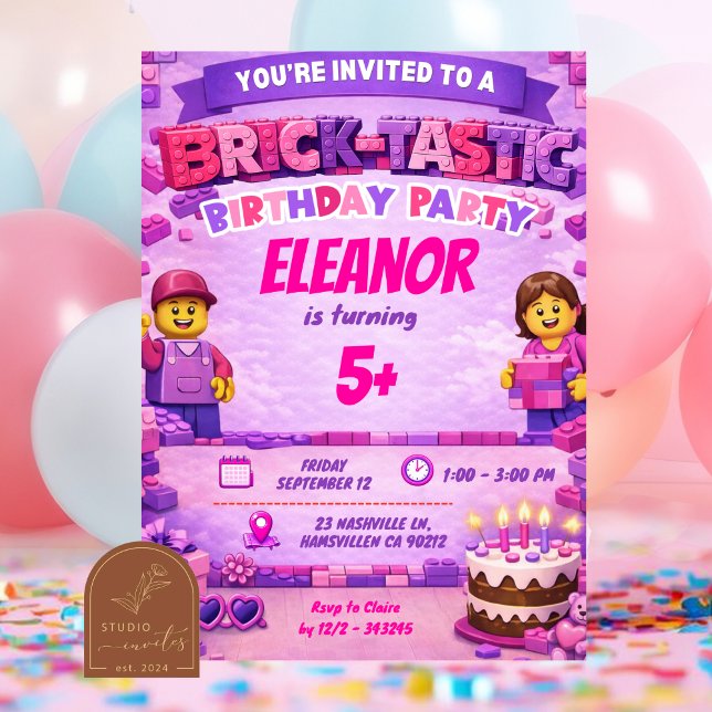 Pink Purple Bricks Colorful Girl Birthday Party In Invitation (Creator Uploaded)