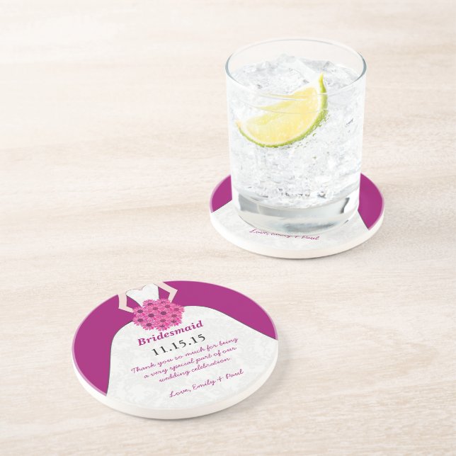 Pink & Purple Bridesmaid Wedding Gown Coasters (Side)