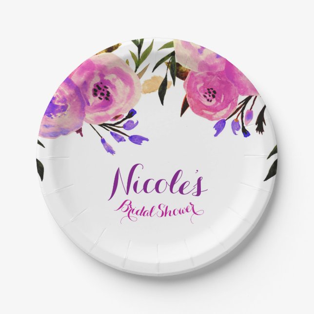 Pink & Purple Bright Modern Floral Bridal Shower Paper Plate (Front)