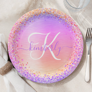 Pink Purple Brushed Metal Glitter Monogram Name Paper Plate
