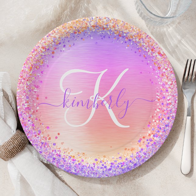 Pink Purple Brushed Metal Glitter Monogram Name Paper Plate (Creator Uploaded)