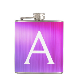 Pink - Purple Brushed Metal Monogram Name Hip Flask