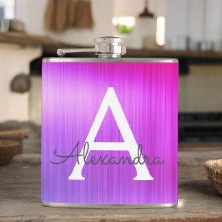 Pink - Purple Brushed Metal Monogram Name Hip Flask