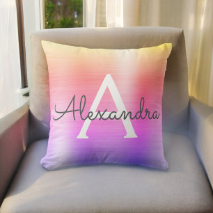 Pink Purple Brushed Metal Monogram Name Initial Cushion