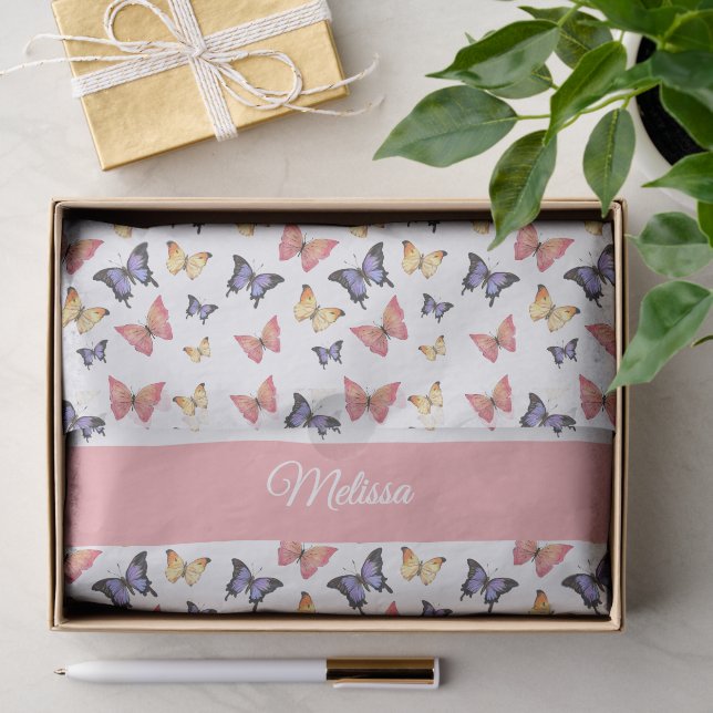 Pink Purple Butterflies Custom Name Tissue Paper (Gift)