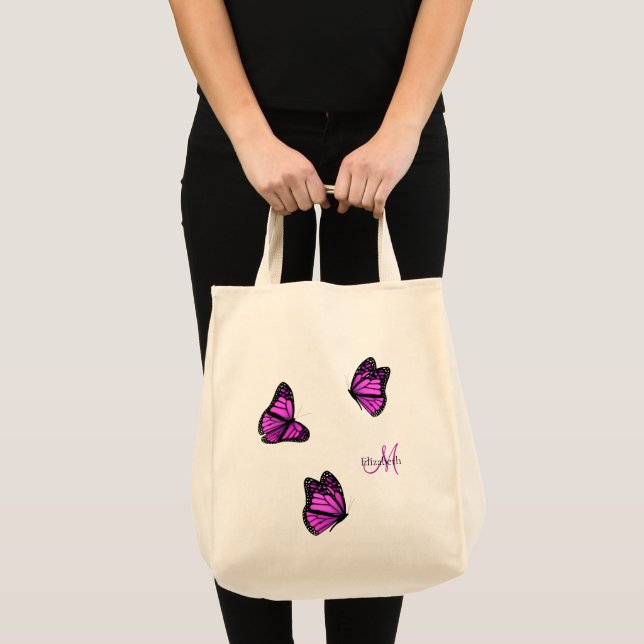 pink purple butterflies flitting on a breeze tote bag (Front (Product))