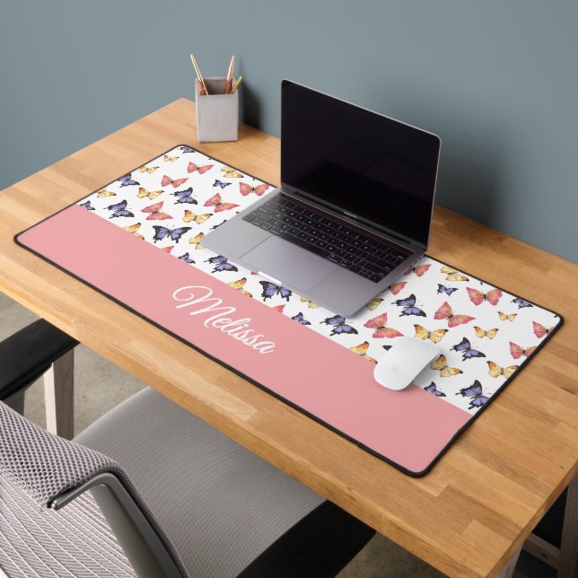 Pink Purple Butterflies Monogram Name Desk Mat (Office 2)