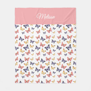 Pink Purple Butterflies Monogram Name Fleece Blanket