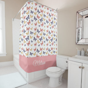 Pink Purple Butterflies Monogram Name Shower Curtain
