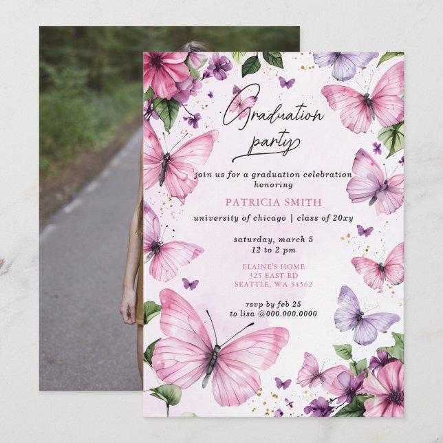 Pink Purple Butterflies Photo Graduation Party Invitation (Front/Back)