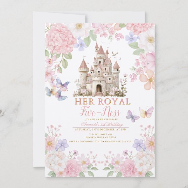 Pink Purple Butterflies Royal five-ness Birthday  Invitation (Front)