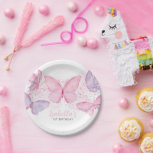 Pink Purple Butterfly 1st Birthday Party Girl Paper Plate