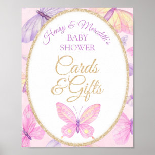 Pink Purple Butterfly Baby Shower Cards and Gifts Poster