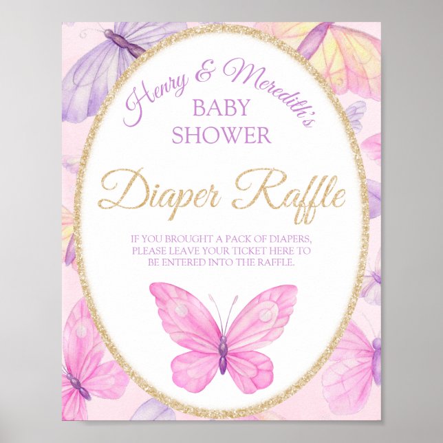 Pink & Purple Butterfly Baby Shower Diaper Raffle Poster (Front)