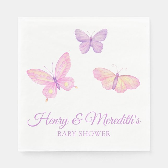 Pink Purple Butterfly Baby Shower for Boy or Girl Napkin (Front)