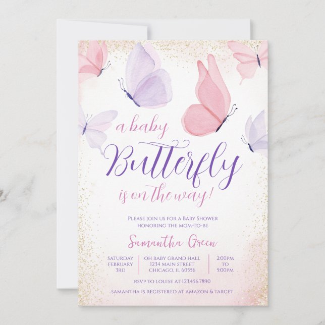Pink Purple Butterfly Baby Shower Invitation (Front)