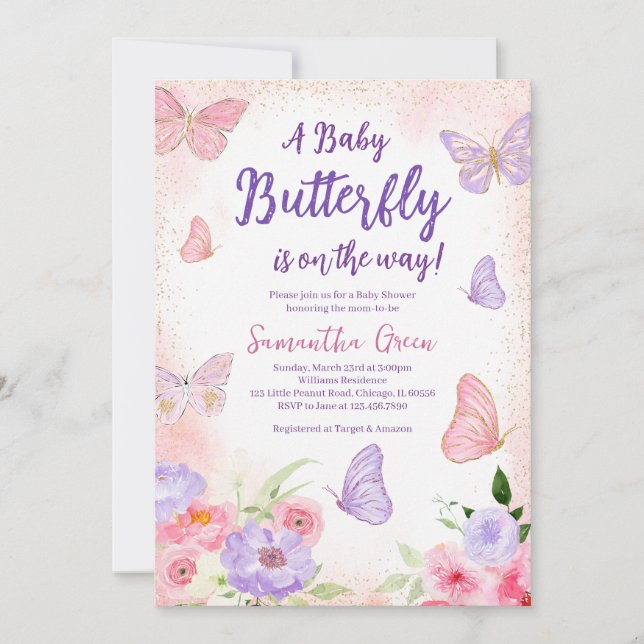 Pink Purple Butterfly Baby Shower Invitation (Front)