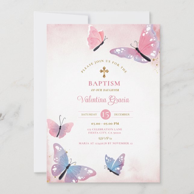 Pink Purple Butterfly Baptism Gold Cross Flowers Invitation (Front)