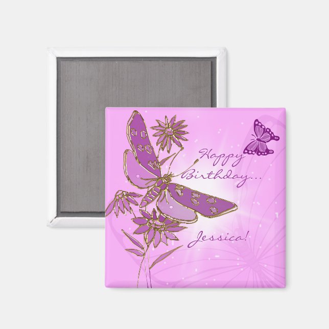 Pink Purple Butterfly Birthday Magnet (Front/Back)