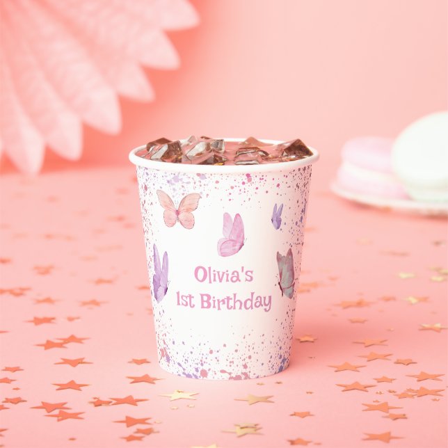 Pink Purple Butterfly Birthday Paper Cups (Insitu)