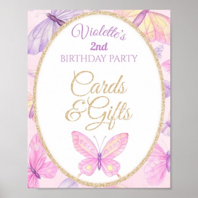 Pink Purple Butterfly Birthday Party Cards Gifts Poster (Front)
