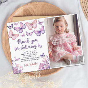Pink Purple Butterfly Birthday Photo Thank You Card