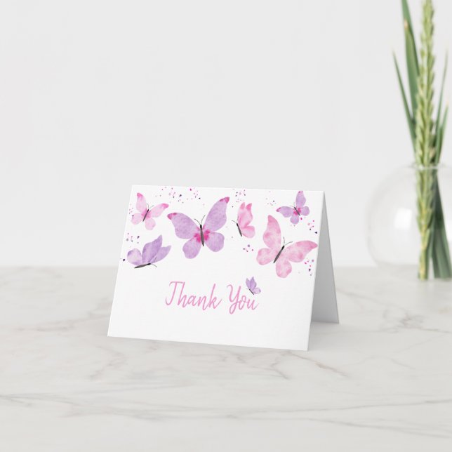 Pink Purple Butterfly Birthday Thank You Card (Front)