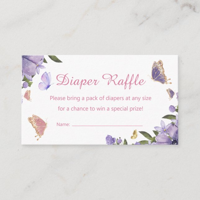 pink purple butterfly diaper raffle baby shower  enclosure card (Front)