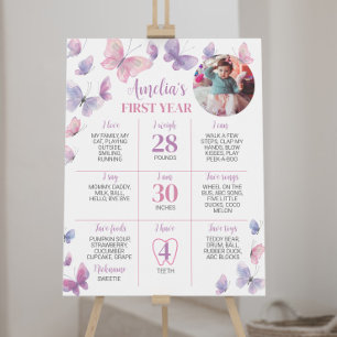 Pink Purple Butterfly First Birthday Milestone Poster
