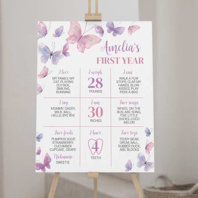 Pink Purple Butterfly First Birthday Milestone Poster (Creator Uploaded)
