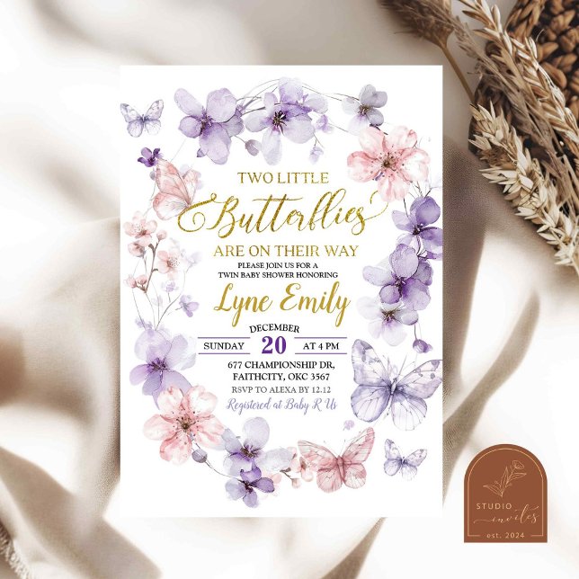 Pink Purple Butterfly Floral Twins Baby Shower Invitation (Creator Uploaded)