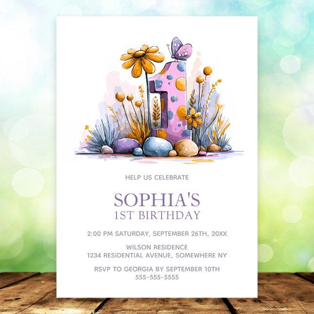 Pink Purple Butterfly Flowers 1st Birthday Party Invitation (Creator Uploaded)