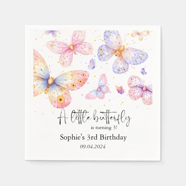 Pink Purple Butterfly Girl All Ages Birthday   Napkin (Front)