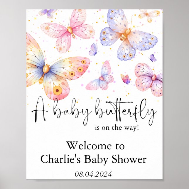 Pink Purple Butterfly Girl Baby Shower  Poster (Front)