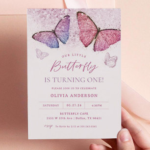 Pink Purple Butterfly Girl First Birthday Party Invitation