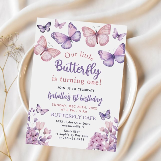 Pink Purple Butterfly Girl First Birthday Party Invitation (Creator Uploaded)