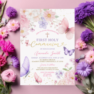 Pink Purple Butterfly Girl First Holy Communion Invitation