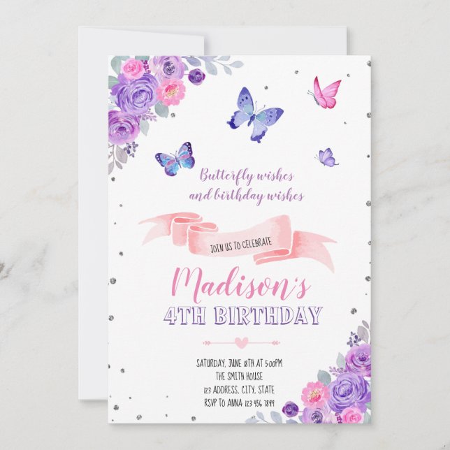 Pink purple butterfly invitation (Front)