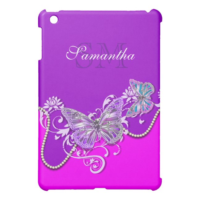 Pink purple butterfly monogram iPad mini case (Back)