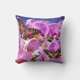 Pink purple butterfly orchid flower watercolor cushion