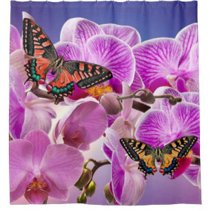 Pink purple butterfly orchid flower watercolor shower curtain