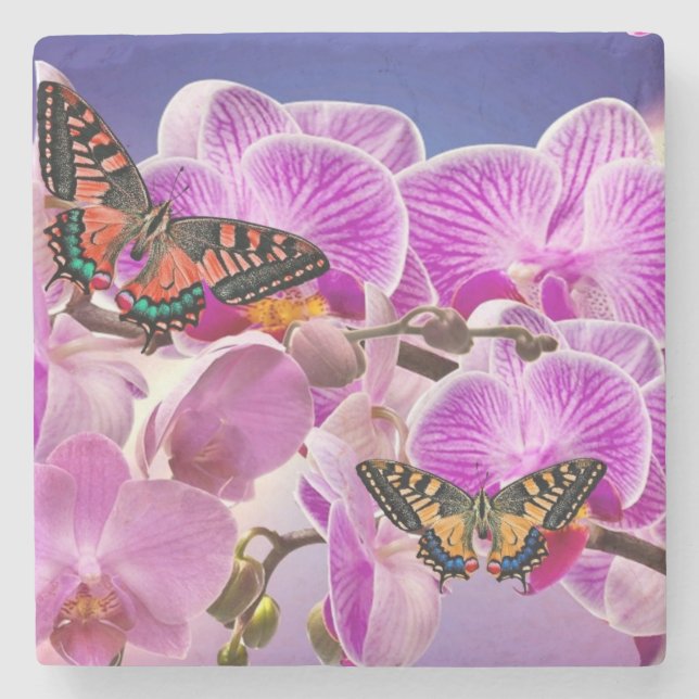 Pink purple butterfly orchid flower watercolor stone coaster (Front)