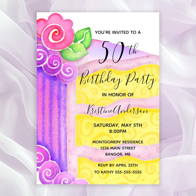 Pink Purple Cake Floral 50th Birthday Party  Invitation (50th Birthday Party Invitation for women with a piece of cake decorated with pink frosting and roses)