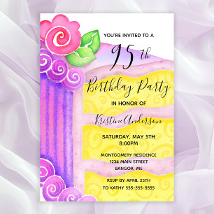 Pink Purple Cake Floral 95th Birthday Party  Invitation
