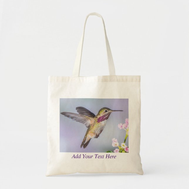 Pink & Purple Calliope Hummingbird in Flight Tote Bag (Front)