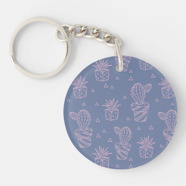 Pink & Purple Cartoon Cactus Pattern Key Ring (Front)