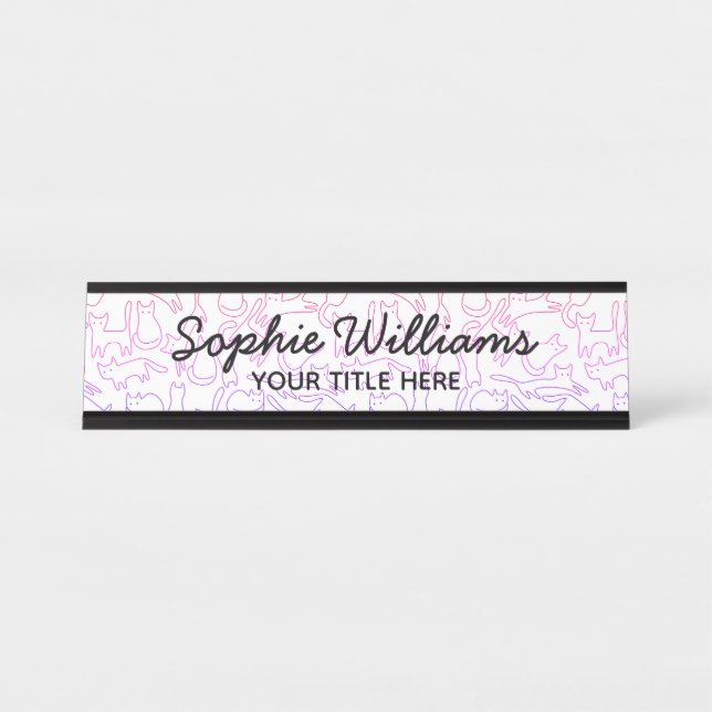 Pink Purple Cats Pattern Script Black Fonts White Desk Name Plate (Front)