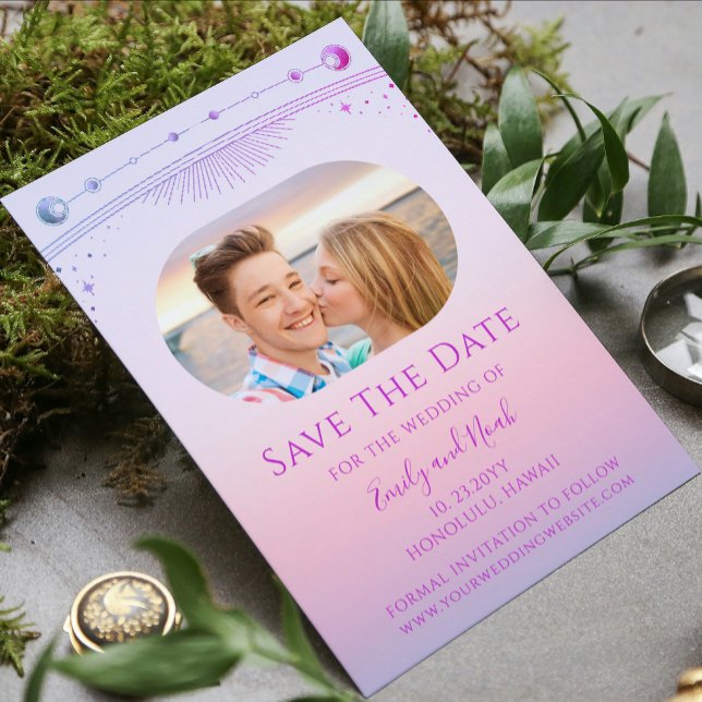 Pink Purple Celestial Wedding Photo Save The Date (Creator Uploaded)